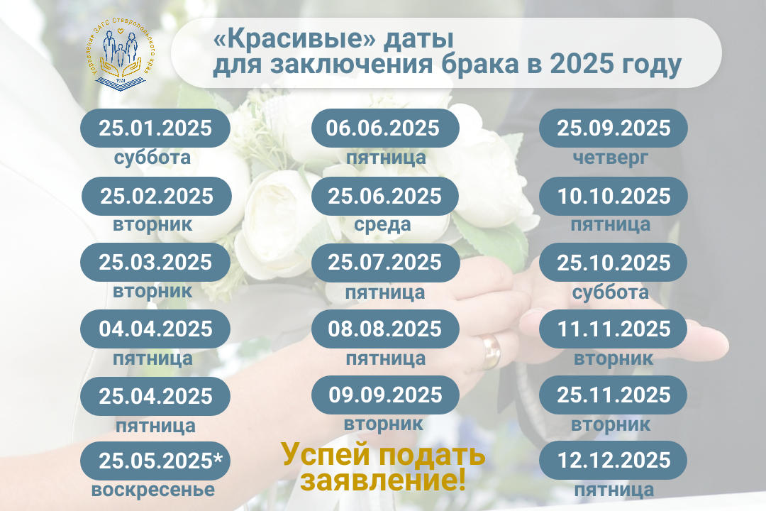 «Красивые» даты для заключения брака в 2025 году!.